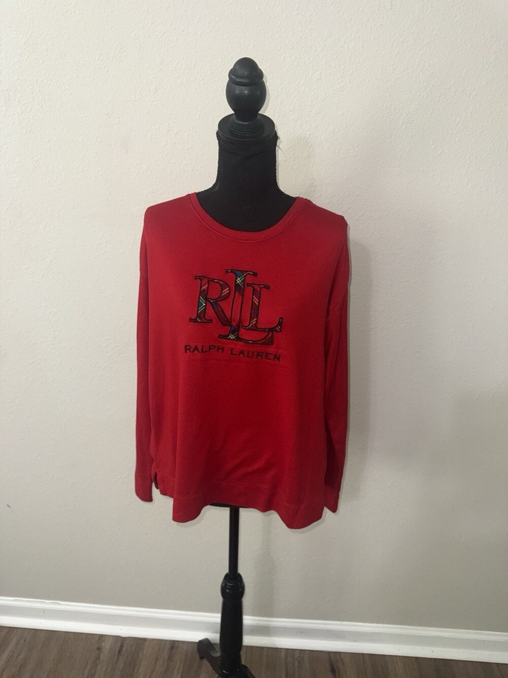 Lauren Ralph Lauren Top Womens Small S Red Tartan Plaid Crest Logo Sweatshirt LS